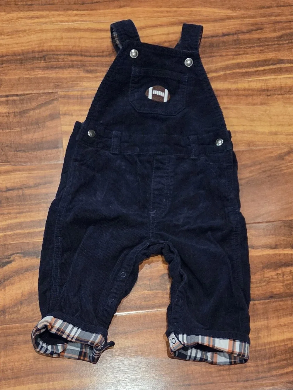 Gymboree EUC 12-18 Months Navy Corduroy Football Overalls & Plaid Shirt